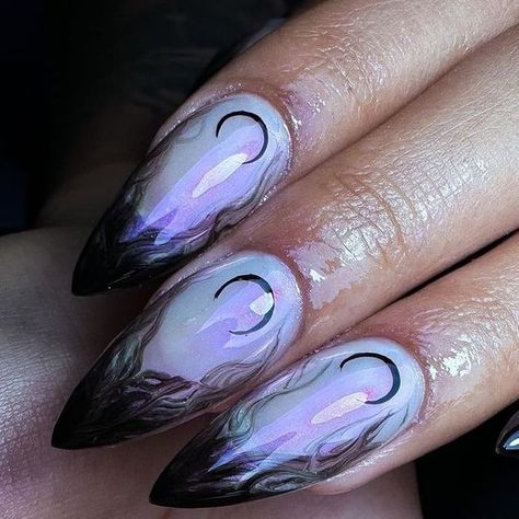 Nails Acrylic Witchy, Witchy Goth Nails, Witchy Nails Almond Short, Witches Nails Designs, Witchy Wedding Nails, Dark Glam Nails, Pastel Witch Nails, Witchy Nail Art Designs, Villain Nails Aesthetic