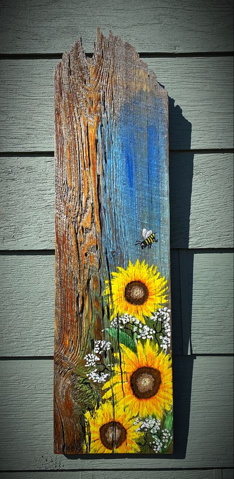 Plank Art Wooden, Wooden Plank Painting Ideas, Wood Plank Painting Ideas, Painting Ideas On Wood Acrylic, Long Wood Board Painting Ideas, Painting Flowers On Wood, Pallet Painting Ideas, Paint Sunflowers On Wood, Painting On Wooden Board