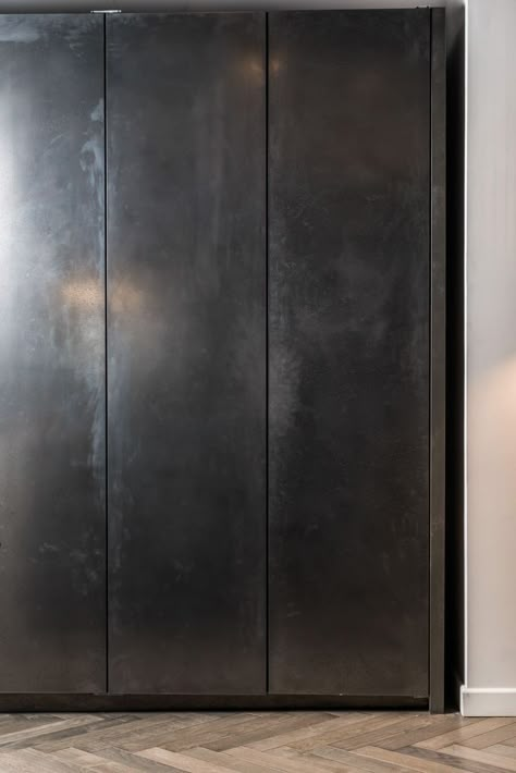 Metal Panels Interior, Metal Interior Walls, Metal Cladding Interior, Black Metal Interior, Metal Wall Paneling, Metal Panel Wall, Sheet Metal Wall, Metal Cupboard, Metal Interior Design