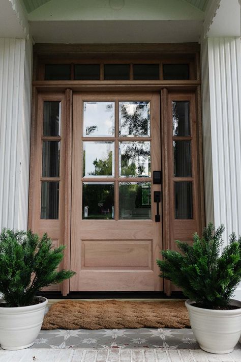 Traditional Front Door Paint Color Ideas Recommended by Designers Wooden Front Door White House, Front Door Brown Paint, Exterior Door Stain Colors, Brown Front Door Paint Colors, Front Door With Two Sidelights, Walnut Stained Front Door, Stained Fiberglass Front Door, Wooden Front Door Design Modern, Front Door With Sidelights And Transom