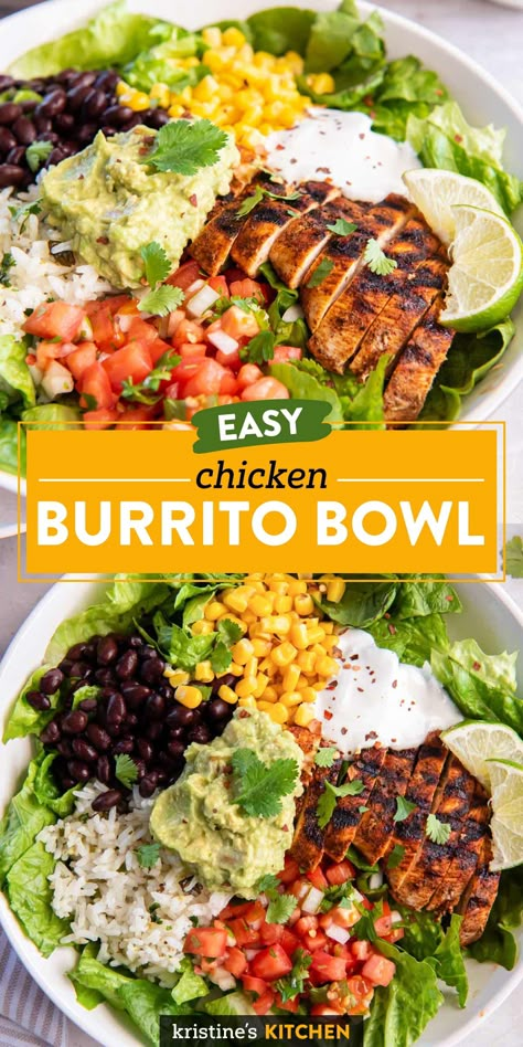 This is the best Burrito Bowl recipe - it's loaded with flavor and so satisfying! The components can be made ahead and stored in the fridge for meal prep lunches or dinners. Weight Watcher Burrito Bowl, Sunshine Bowl Recipe, Copycat Qdoba Burrito Bowl, Dinner In A Bowl, Easy Chicken Rice Bowls, Qdoba Burrito Bowl Recipe, Cilantro Lime Rice Chicken, Keto Chicken Burrito Bowl, Burittos Bowl Recipes