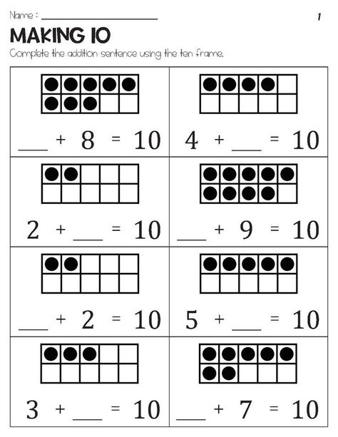 Making 10 Addition with Ten Frame Number Sentences, First Grade Math Worksheets, First Grade Phonics, Differentiation Math, Addition And Subtraction Worksheets, Homeschool Worksheets, 1st Grade Math Worksheets, Subtraction Worksheets, Addition Worksheets