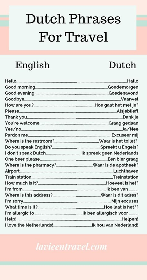 Dutch Phrases - Netherlands Travel - Amsterdam Travel - Amsterdam Itinerary - Dutch Words - Learn Dutch - Use these 25 basic Dutch phrases on your trip to Amsterdam! Travel to the Netherlands with this list and get around like a local! La Vie en Travel #amsterdam #netherlands #dutch #travel Dutch Travel Phrases, Learn Dutch Netherlands, Dutch Language Learning Netherlands, Basic Dutch Phrases, Dutch Captions, How To Learn Dutch, Netherlands Travel Guide, Learning Dutch Language, The Netherlands Travel