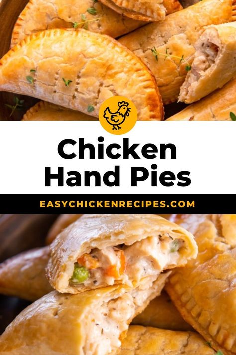 These easy chicken hand pies are a pocket full of yum! Each pie has a creamy chicken pot pie filling nestled in a crispy store-bought pie crust, making for the ultimate comforting finger food. Pop over to my site for the recipe! Hand Pies Chicken, Hand Chicken Pot Pies, Ultimate Chicken Pot Pie, Empanada With Pie Crust, Chicken Pot Pie Pockets Easy, Chicken Pasty Puff Pastries, Chicken Pot Pie Appetizers, Hand Meat Pies Recipes, Pie Crust Recipes Dinner