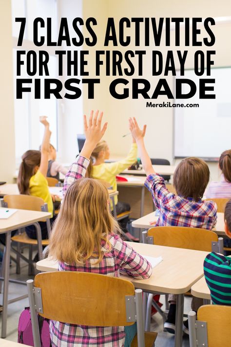 7 Super Fun First Day of School Activities for First Grade | While not as big a transition from PreK to Kindergarten, the start of elementary school can still cause nervousness in young kids. Whether this is your first or 10th first day of first grade as a teacher, it's important to have games, activities, and other tips up your sleeve to ensure the first day is a smooth one and that your students leave feeling safe, included, and EXCITED about the year ahead. Click for tips and ideas! First Day Of School Activities 1st Grade Fun, First Day In School Activities, First Day First Grade Activities, 1st Day School Activities, School First Day Activities, First Day Class Activities, First Day Activity For Grade 1, 1st Grade First Day Of School Activities, Fun Activities For 1st Grade