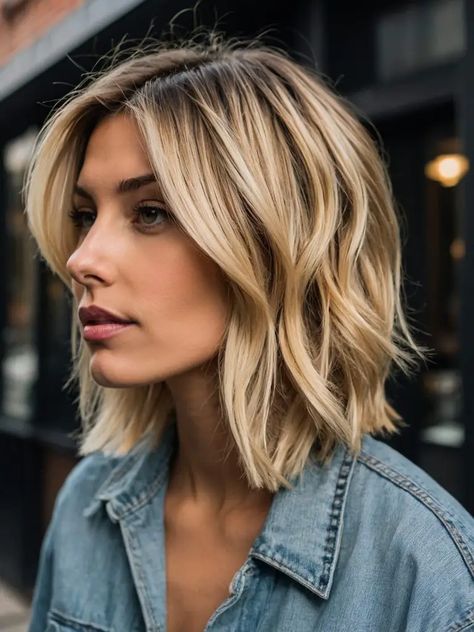 Blond Hair Bob Long, Short Haircut Lengths, Short Hair In Back Long On Sides, Blond Inverted Bob, Long Bobs For Fine Hair Shoulder Length, Shoulder Length Long Bangs, Layered Short Haircuts For Fine Hair, Latest Medium Length Haircut, Wavy Angled Bob Medium