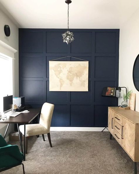 83 Super Cool Small Home Office Ideas Masculine Wallpaper Home Office, Blue Wall Office Ideas, Paint Ideas For Office Walls, Small Office Accent Wall, Accent Wall Office Small Spaces, Home Office Colors For Men, Home Office Feature Wall, Dark Blue Office Ideas, Dark Blue Office Walls