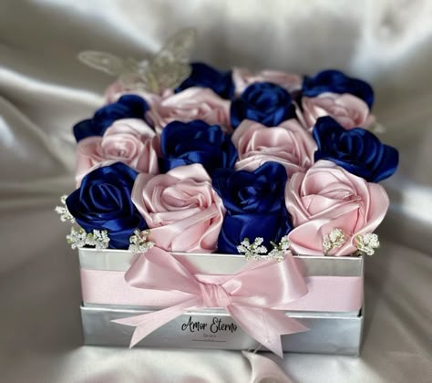 Ribbon Flower Centerpieces, Eternal Flower Bouquet, Satin Bouquet, Forever Flower Bouquets, Satin Flowers Diy, Pink And Blue Ribbon, Box Of Flowers, Ribbon Rose Bouquets, Ribbon Flowers Bouquet