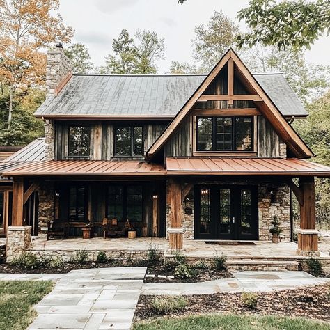 Cabin goals! This stunning stone and timber home is the perfect blend of rustic charm and modern elegance. 🌲✨ #dreamhome #cabinlife #architecture #interiordesign #stonehouse #timberhome #luxuryliving #homegoals Modern Rustic Cabin Exterior, House Design Cabin, Stone Addition To Log Home, Small Lodge Style Homes, Cabin Like Homes, Stone Wood House, Lodge Style Homes, Texas Cabin, Old Wooden House