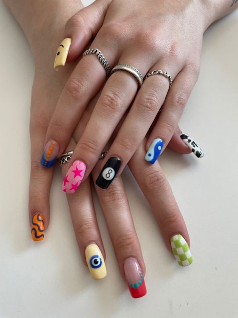 Different Nail Ideas Fun, Funky Nail Inspo Coffin, Crazy Cool Nail Designs, Simple But Funky Nails, Crazy Nail Inspiration, Cute Bright Nail Designs, Super Cool Nails, Nail Art Designs Funky, Funky Design Nails