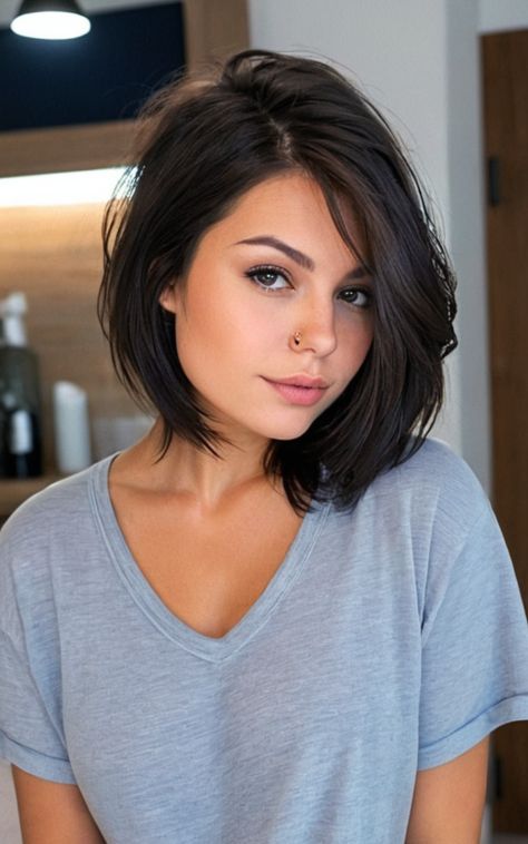 Short Haircuts For Thick Curly Hair, Lob Haircut Thick Hair, Styling Thick Hair, Thick Hair Bob Haircut, Straight Thick Hair, Pink Hair Highlights, Layered Thick Hair, Brunette Hair Cuts, Haircuts For Thick Hair