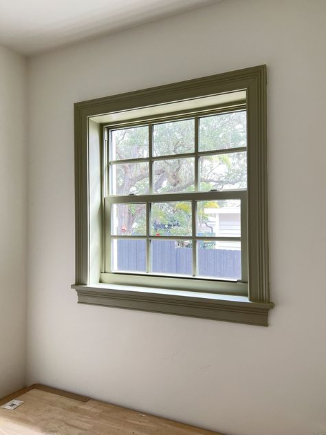 How to Paint Vinyl Windows Painted Window Cill, Window Framing Interior, Painted Window Recess, Green Window Trim Interior, Window Frame Colours Interior, Window Casement Trim, White Room With Colored Trim, Cottage Windows Interior, Can You Paint Window Frames