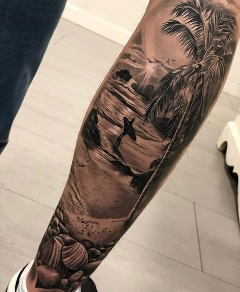 Strand Tattoo, Beach Theme Tattoos, Tropical Tattoo, Surf Tattoo, Sunset Tattoos, Palm Tattoos, Men Tattoos Arm Sleeve, Forarm Tattoos, Forearm Sleeve Tattoos