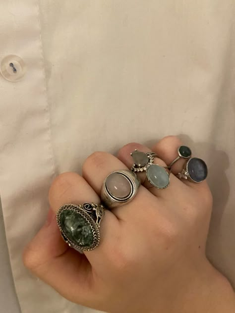 Bulky Rings Aesthetic, Lots Of Silver Jewelry Aesthetic, Thick Rings Aesthetic, Chunky Vintage Rings, Gemstone Rings Aesthetic, Rings On Hand Aesthetic, Ring Necklace Aesthetic, Whimsigoth Rings, Silver Rings Aesthetic Vintage