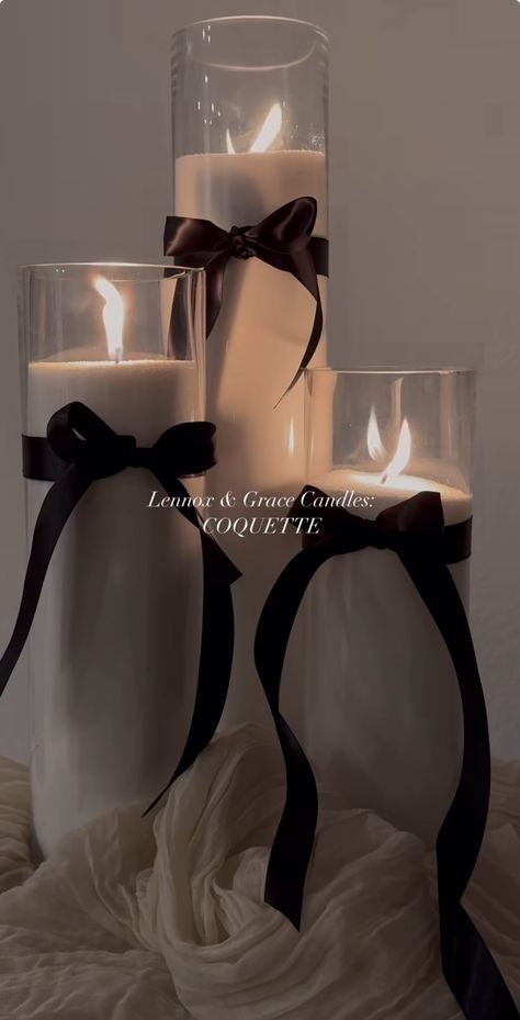 Black And White Dinner Party Decorations, Soiree Birthday Party Ideas, Romantic Engagement Party Decor, Candles With Ribbon Bows, Winter Black Wedding, Black Ribbon Wedding Decor, 21 Centerpieces Party Ideas, Ribbon On Candles, Cartier Theme Party