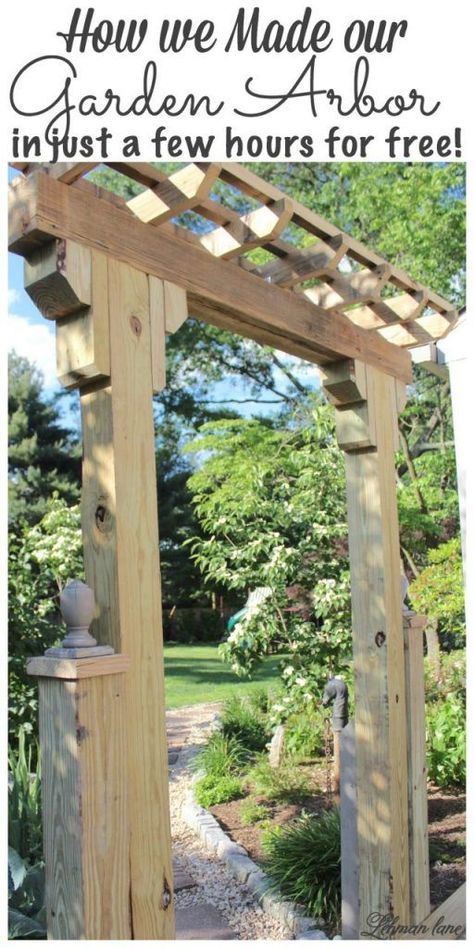 When we decided to create our sunken brick patio one thing that I really wanted to add was a wooden arbor entrance from the garden.  Our wooden arbor does a wonderful job of making this outdoor space feel more like an outdoor room.   This wooden arbor was Diy Garden Arbor, Truck Garden, Diy Arbour, Wooden Arbor, Arbors Trellis, Alpine Plants, Garden Arbor, Garden Entrance, Garden Types