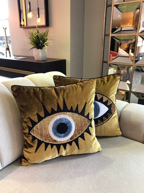 Match Painting, Blue Accent Pillows, Evil Eye Pillow, Sculpture Interior, Decor Cushions, Blue Accent Pillow, Throw Pillow Set, Wall Art Sculpture, Velvet Throw Pillow