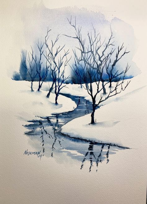 Watercolor Art Landscape, Winter Watercolor, Christmas Card Art, Watercolour Inspiration, Colour Painting, Watercolor Paintings Easy, Winter Painting, Watercolor Painting Techniques, 수채화 그림