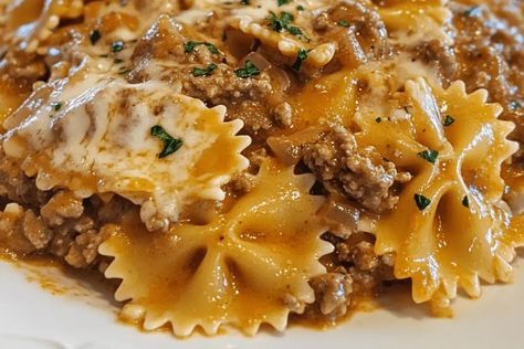 Creamy Beef and Bowtie Pasta Bow Tie Pasta Meals, Bowtie Alfredo Pasta, Hamburger Bowtie Pasta Recipes, Mini Bow Tie Pasta Recipes, Simple Bow Tie Pasta Recipes, Creamy Beef Bowtie Pasta, Truffle Alfredo Pasta, Bowtie Pasta Recipes Beef, Creamy Beef And Bowtie Pasta