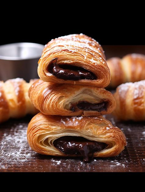 Simplified Morning Delight Chocolate Croissants Sweet Croissant Recipe, Chocolate Croissants, Chocolate Croissant Puff Pastry, Pastries Aesthetic, Chocolate Breakfast Croissant, Croissant Chocolate, Chocolate Crossaints, Easy Chocolate Croissants, Chocolate Croissant Aesthetic