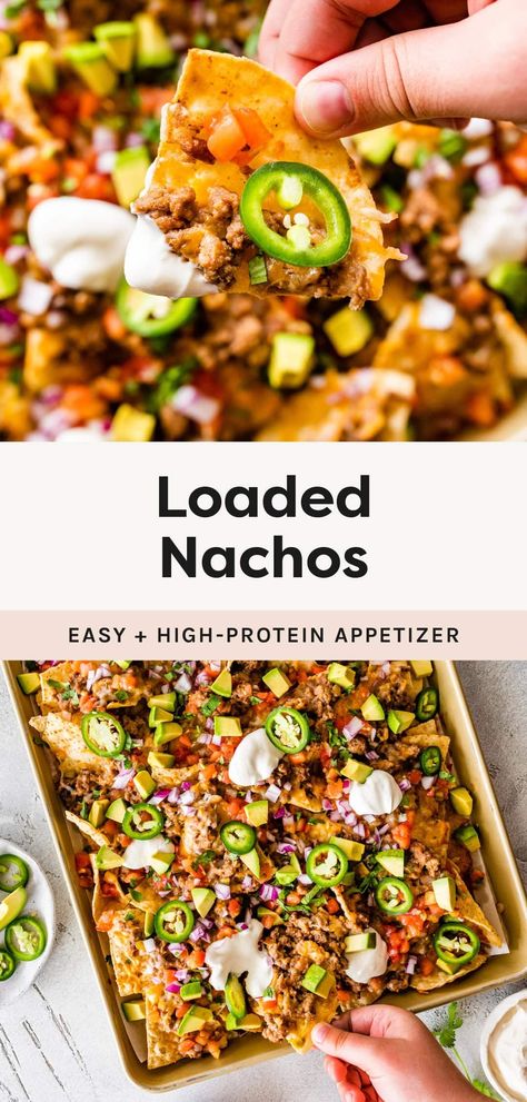 Make the best loaded nachos with this easy recipe. Tortilla chips are topped with a ground turkey refried bean mixture, cheese, tomatoes, avocado and jalapeños for the perfect appetizer or game day snack! Bean Nachos Recipe, Turkey Nachos, Recipe Tortilla, Quick Turkey, Bean Nachos, Refried Bean, Easy Nachos, Bird Food Recipes, Sweet Potato Nachos