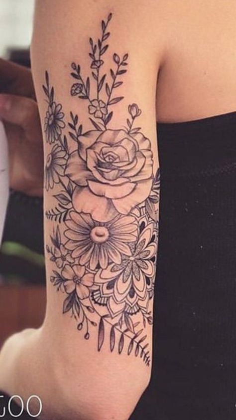 Flowers tattoo Tricep Tattoos, Tattoos With Deep Meaning, Flower Tattoo Drawings, Armband Tattoos, Shape Tattoo, Female Sleeve, Beautiful Flower Tattoos, Geniale Tattoos, Disney Tattoo