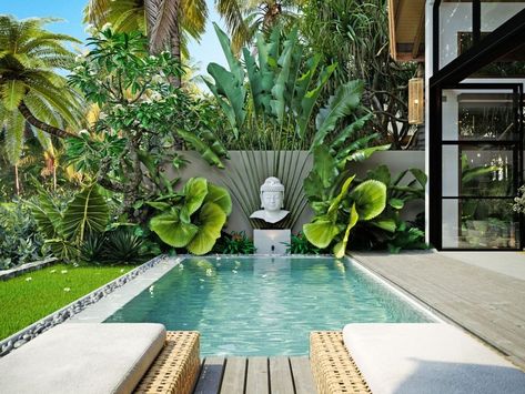 28 Pool Landscaping Ideas for a Serene Backyard Oasis | Enhance Your Space - placeideal.com Bali Inspired Backyard Pool, Bali Style Garden Landscape Design, Bali Inspired Resort, Pool Pond Ideas, Bali Pool, Balinese Architecture, Balinese Villa, Bali Architecture, Tropical Villa