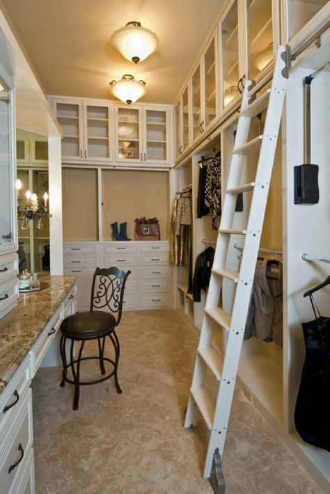 Library ladders are fun - yet they are funcational - to use the top of a walk in custom closet with a tall ceiling. | Innovate Home Org Columbus Ohio Lady Lair, Lady Cave, Master Closet Design, Small Walk In Closet, Diva Den, Amazing Closets, Walking Closet, Library Ladder, Beautiful Closets