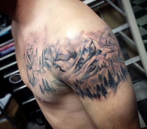 Guy With Classical Shoulder Tattoo Alpine Forest Under Mountains Outdoor Tattoo, Tattoo Mountain, Mountain Range Tattoo, Tattoo Ideas Back Spine, Bodysuit Tattoos, Tattoo Ideas Back, Quarter Sleeve Tattoos, Man Shoulder, Super Tattoo