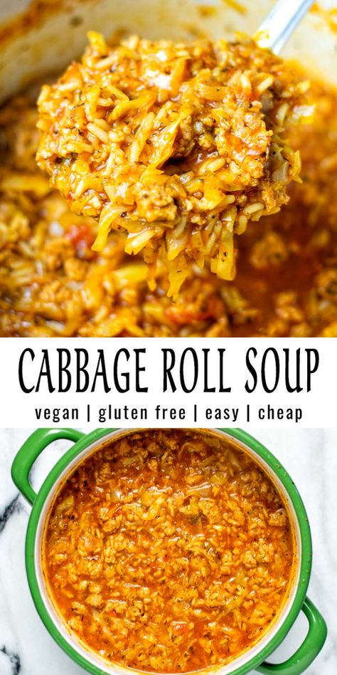 This Cabbage Roll Soup is easy to make and rich in flavor. Cabbage will taste amazing from now on and you will never know it is vegan, because it will taste better than any other cabbage soup. Once tried you can be sure the whole family, even pickiest eaters, will enjoy a big bowl. #vegan #dairyfree #vegetarian #contentednesscooking #mealprep #dinner #lunch #cabbagerollsoup #cabbagesoup Garlic Broth, 7 Day Cabbage Soup Diet, Vegan Cabbage Rolls, Mealprep Dinner, Chicken Chicken Recipes, Vegan Cabbage, Cabbage Soup Diet Recipe, Vegan Ground Beef, Vegan Casserole