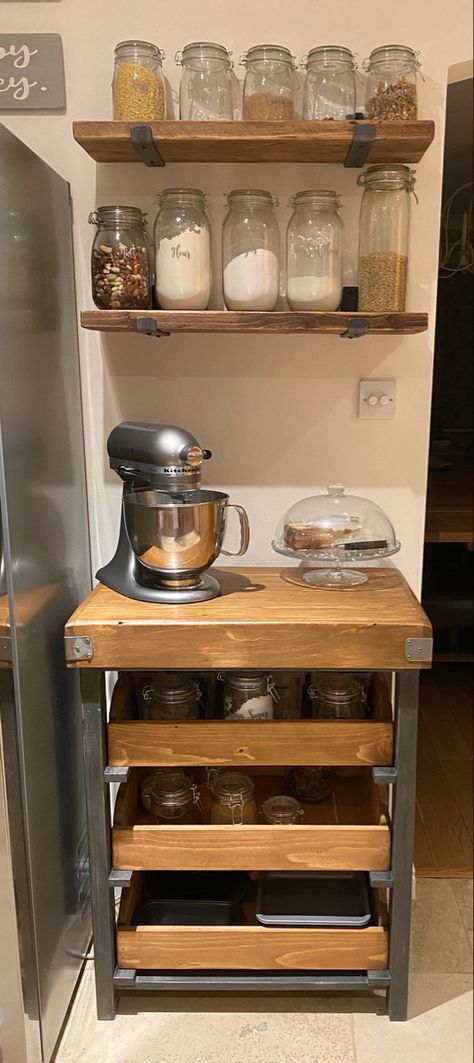 Baker Area In Kitchen, Baking Station Cabinet, Open Shelving Baking Station, Kitchenaid Baking Station, Small Baking Area In Kitchen, Bakery Station At Home, Baking Station Ideas Counter Space, Baking Station In Kitchen Ideas, Small Kitchen Baking Station