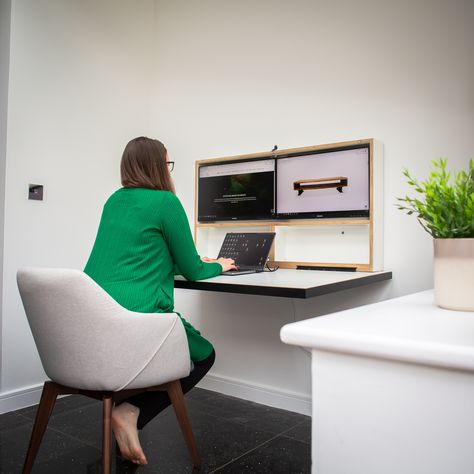 The perfect working from home desk. Utilising triple screen extended display with a 120cm x 60cm work top that won't compromise your living space. Fold Up Office Desk, Folding Work Desk, Monitor Drawing, Fold Out Laptop Desk, Pop Up Computer Screen Desk, Fold Down Computer Desk Wall Mounted, Folding Desk Design, Fold Down Desk Wall Mounted Monitor, Fold Down Desk