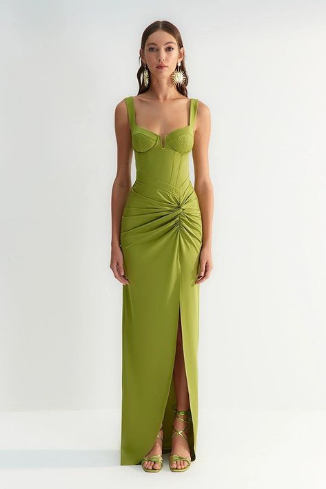 Light Green Gown Elegant, Light Green Evening Dress, Wedding Guest Dress Off The Shoulder, Olive Green Formal Dresses, Cool Formal Dresses, Colorful Formal Dress, Formal Resort Wear For Women, Lime Green Formal Dress, Like Green Dress