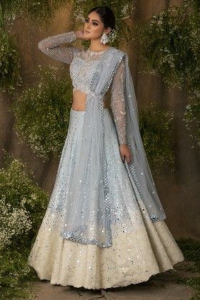 Aqua Blue Lehenga, Light Blue Lehenga, Indian Long Dress, Lehenga Ideas, Mirror Work Lehenga, Work Lehenga, Rp Ideas, Red Lehenga, Ivory Fabric