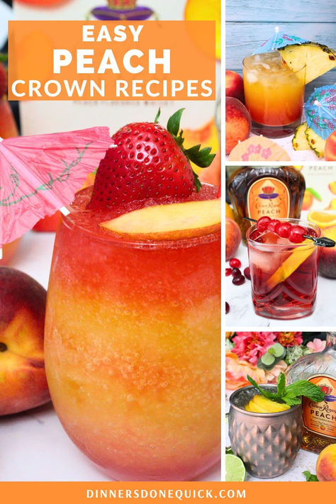 Discover 19 irresistible Crown Royal Peach cocktail recipes! From a refreshing Peach Whiskey Smash to a tantalizing Crown Peach Beach Drink, my collection has something for everyone. Impress your guests with delightful concoctions like the Peach Whiskey Sour, Crown Royal Flush, and Peach Old Fashioned. Dive into our Crown Royal Peach Daiquiri or Slushy Peach Lemonade for a cool, fruity twist. Pin and explore all the delicious recipes! 🍑🥃 #CrownRoyalPeach #PeachCocktails #EasyDrinkRecipes Mixed Drinks With Crown Peach, Royal Peach Cocktail, Mixed Drinks With Coconut Rum, Peach Paradise Cocktail, Peach Crown Royal Drinks, Peach Whiskey Sour, Peach Crown Recipes, Peach Crown Royal Recipes Easy, Peach Sidecar Cocktail