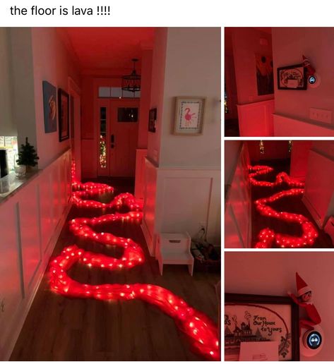 Elf on the shelf inspiration - Floor is lava Elf On Shelf Floor Is Lava, Elf Lava Floor, Lava Decoration, The Floor Is Lava Elf, Elf On The Shelf The Floor Is Lava, Elf Floor Is Lava, The Floor Is Lava Elf On The Shelf, Elf On The Shelf Floor Is Lava, Floor Is Lava Elf On Shelf