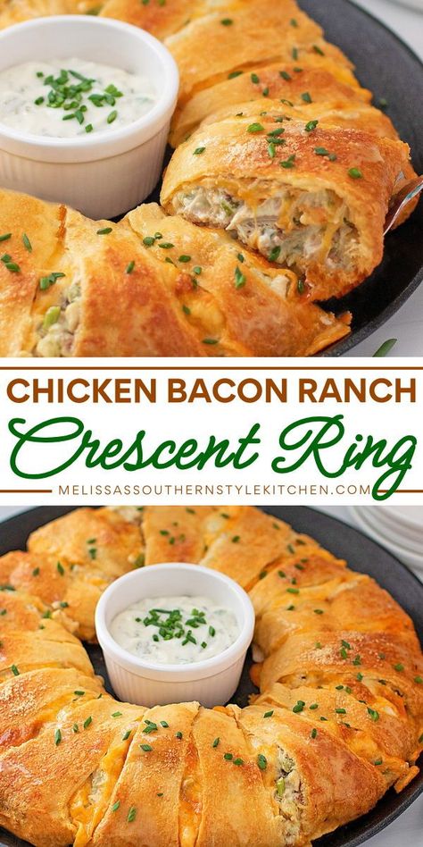 Here's a crescent roll recipe for your snack ideas! It's also a simple appetizer or main dish. Delicious and fun to eat, this Chicken Bacon Ranch Crescent Ring is sure to be a hit! Pin this for later! Chicken Bacon Ranch Crescent, Crescent Roll Rings, Crescent Roll Ring Recipes, Chicken Crescent Ring, Crescent Ring Recipes, Ring Recipes, Easy Crescent Roll Recipes, Crescent Rings, Crescent Roll Recipes Dinner