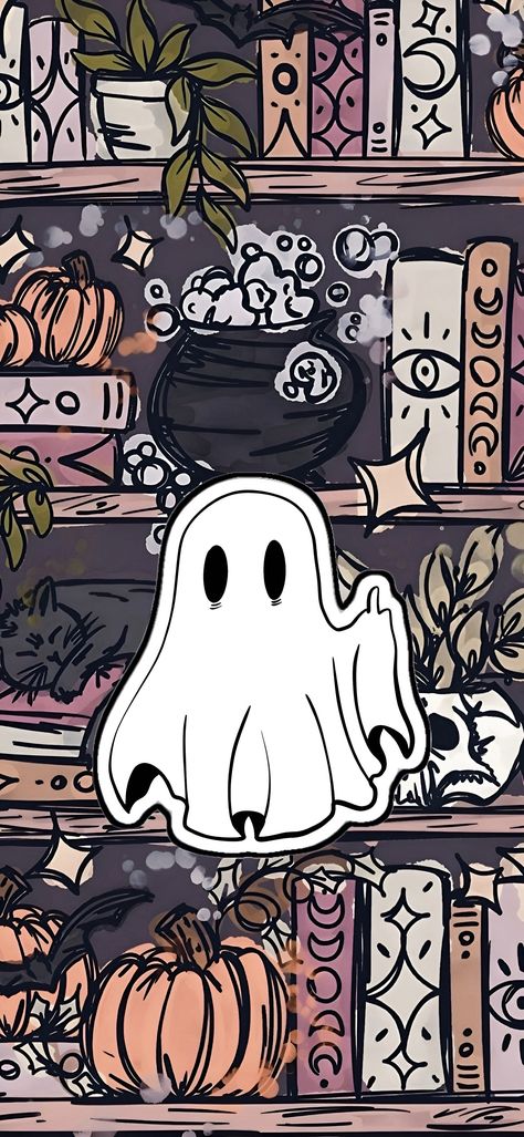 Witchy Phone Wallpaper Aesthetic, Cute Goth Phone Wallpaper, Halloween Ghost Background, Bookish Halloween Wallpaper, Ghost Wallpaper Ipad, Halloween Book Wallpaper, Spooky Phone Backgrounds, Summerween Aesthetic Wallpaper, Cute Ghosts Wallpaper