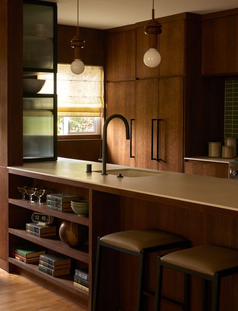 Rad Trad | California Home+Design Commune Design Kitchen, Soho House Design, Moody Organic Modern Kitchen, Warm Color Kitchen, Walnut And Black Kitchen, Cherry Wood Cabinets Kitchen, Modern Warm Kitchen, Wooden Kitchen Cabinets Modern, Modern Wood Kitchen Cabinets