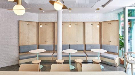 New York restaurant Junzi Kitchen is coloured to evoke "early spring in Northern China" Office Booth Seating, Bright Chair, Communal Kitchen, Office Pantry, Booth Seating, Playful Decor, Banquette Seating, Office Snapshots, Workspace Inspiration