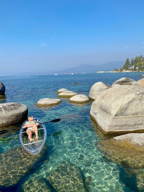 Lake Tahoe Kayaking, Clear Water Kayaking, Lake Tahoe Activities, Water Activities Aesthetic, Lake Tahoe Aesthetic, South Lake Tahoe Summer, Kings Beach Lake Tahoe, Clear Kayak, Lake Tahoe Trip