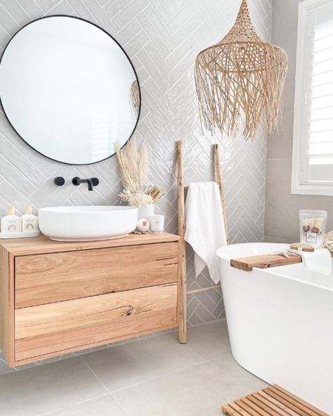 Throwback Thursday to a coastal oasis 😍   Destination: Bathroom Makeover. Take your next trip to your dream bathroom makeover by using the Agrestic Ash and Double Herringbone to achieve this beautiful transformation.   As seen on @marys_newhome_inspo  Click the link in bio for more ❗ The Bathroom, Bathroom Ideas, Bathroom Decor, Decor Ideas, Bath, Mirror, White, Design