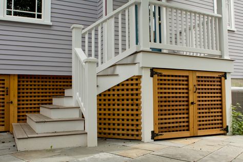 Deck Lattice Ideas, Lattice Under Deck, Deck Lattice, Porch For Camper, Porch Lattice, Lattice Ideas, Lattice Deck, Deck Staircase, Under Deck Storage