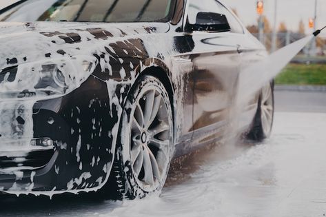 Process of professional car wash with ch... | Premium Photo #Freepik #photo #dirty-car #car-water #car-wash #car-washing Car Wash Wallpaper, Car Wash Ideas, Car Wash Aesthetic, Car Wash Photoshoot, Logo Backdrop, Car Detailing Products, Car Wash Logo, Express Car Wash, Water Car