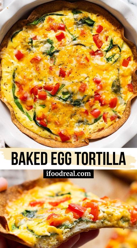 Baked Egg Tortilla bursting with versatility and flavor, packed with veggies and protein, and easy to make for breakfast or dinner! High Protein Breakfast Tortilla Bake, High Protein Egg Tortilla Bake, Eggs On A Tortilla, Easy Egg Dishes Dinners, Baked Egg Tortilla Breakfast, Breakfast Tortilla Baked Eggs, High Protein Tortilla Baked Quiche, Breakfast Tortilla Egg Cottage Cheese, Cottage Cheese Egg Tortilla Bake