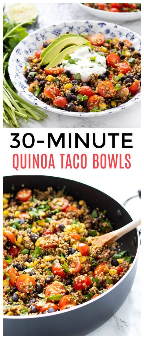 Tex Mex Quinoa Bowl | Haute & Healthy Living Beans And Quinoa Recipes, Ground Turkey Quinoa Bowl, Taco Bowls Healthy, Tex Mex Quinoa, Quinoa Taco Meat, Healthy Quinoa Recipes, Quinoa Tacos, Quinoa Recipes Easy, Quinoa Recipes Healthy