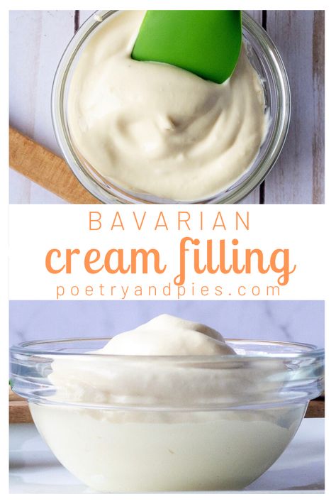 Bavarian Creme Filling, Chocolate Cake With Bavarian Cream Filling, Bavarian Cream Filling Cake, Italian Cream Filling, Vanilla Cake With Bavarian Cream Filling, Bavarian Cream Cupcakes, Bavarian Cream Filling Recipe, Vanilla Bavarian Cream, White Chocolate Bavarian Cream