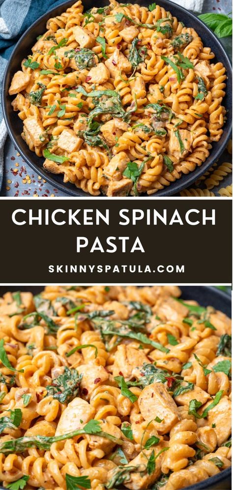 Chicken Spinach Pasta – Skinny Spatula Healthy Chicken And Spinach Pasta, Crockpot Chicken With Spinach, Chicken Spinach Bowtie Pasta, Dinner With Chicken And Spinach, Fresh Spinach Pasta Recipes, Chicken Spinach Pasta Recipes Healthy, Spinach In Pasta, Baked Chicken And Spinach Recipes, Ground Chicken Spinach Recipes