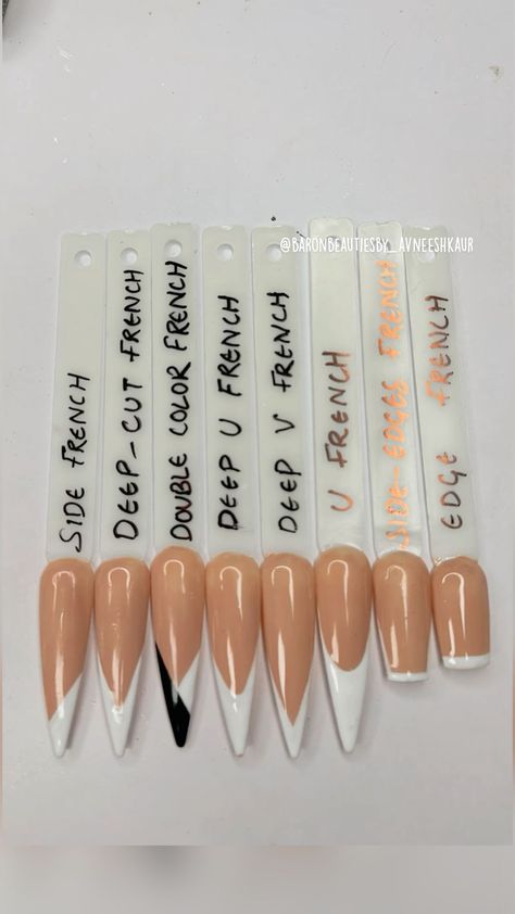 Different Shaped French Tips, Different Shape French Tip Nails, Type Of Nails Acrylic, Type Of Nail Designs, Type Of French Nails, Styles Of French Tips, Types Of Nail Art Designs, Types Of Nail Tips, French Tip On Different Nail Shapes