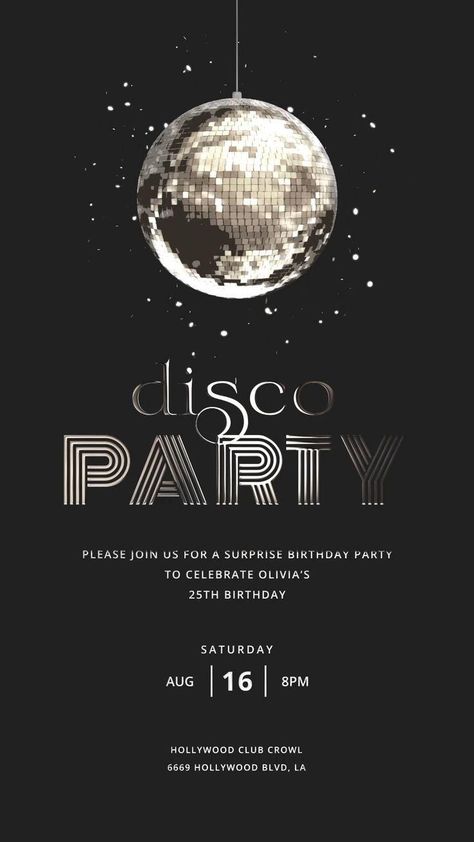 Disco Party Invitations Printable Free, Gif Invitation Design, 70s Disco Party Invitations, Birthday Party Card Invitation Aesthetic, 15 Birthday Invitations Ideas, Disco Theme Party Invitations, Disco Invitations Ideas, Invitation Disco Party Birthday, 40th Disco Party